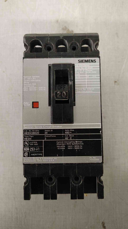 Siemens 20A 3 Pole Circuit Breaker 480VAC HHED43B020(104794)