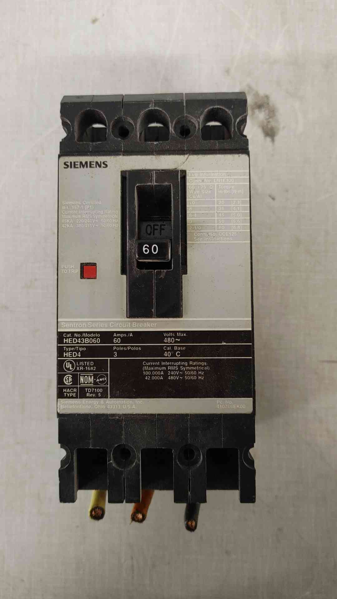 Siemens 60A 3 Pole Circuit Breaker 480VAC HED43B060(104798)