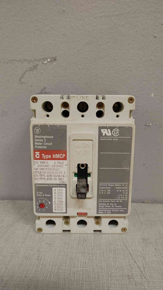 Westinghouse Series C Motor Circuit Protector 50A 3 Pole 600VAC 250VDC HMCP050K2C