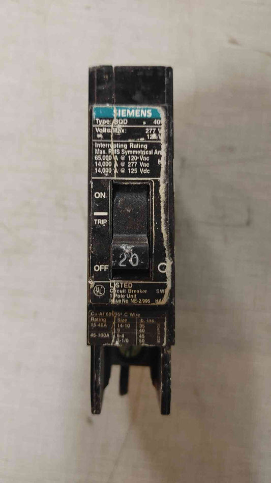 Siemens Circuit Breaker 20 Amp 1 Pole Type BQD 277/120