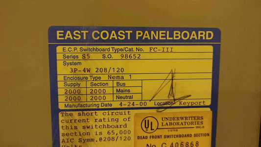 East Coast Panelboard Switchboard 2000A 3P 4W 208/120V S5 Series FC-III (108898)