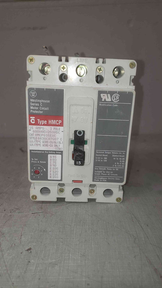 Westinghouse 15A 3 Pole 600VAC-250VDC Breaker HMCP015EOC (SKU: 109588)