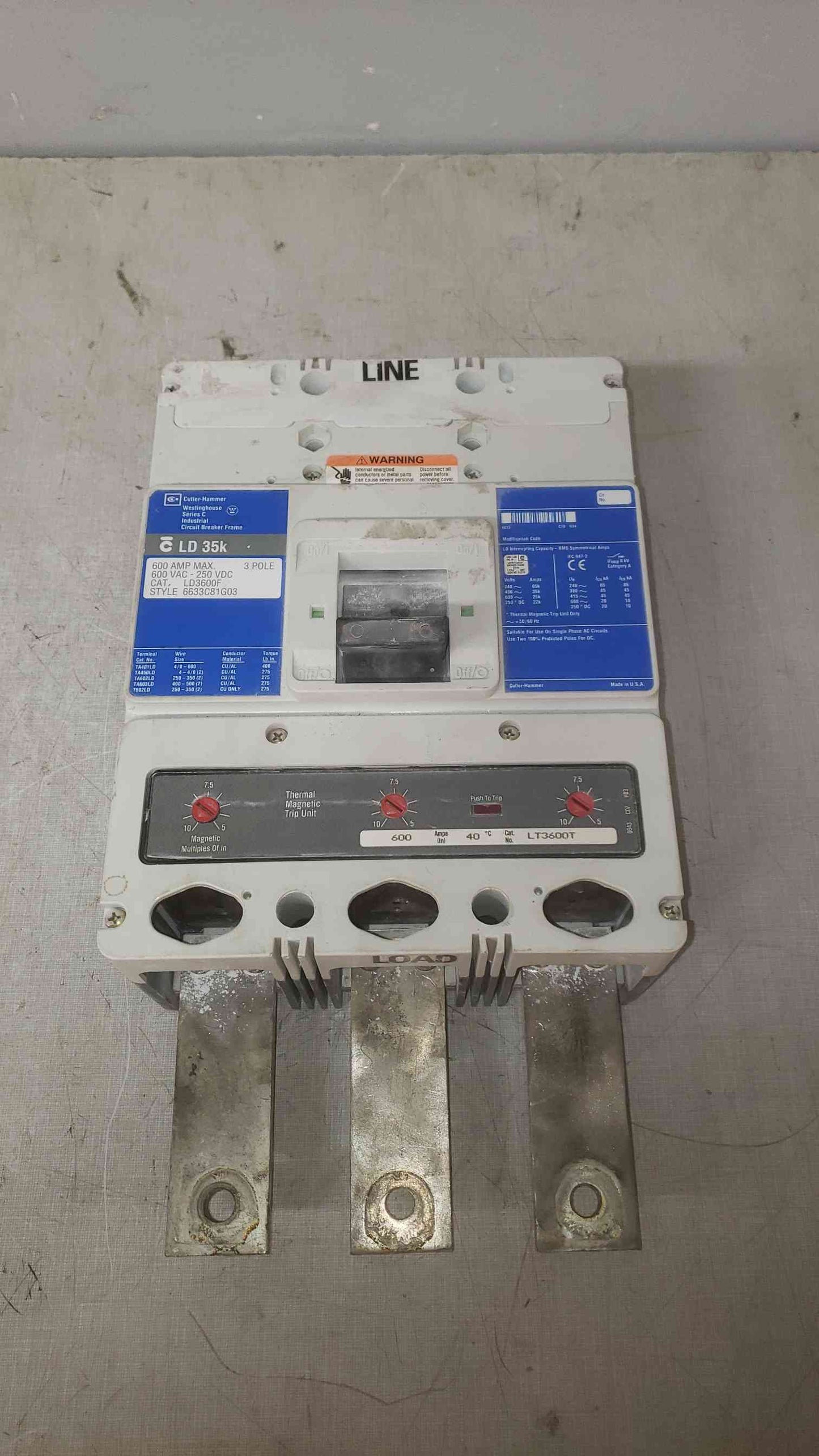 Cutler-Hammer 600A 600VAC-250VDC 3 Pole Breaker LD3600F (SKU: 109589)
