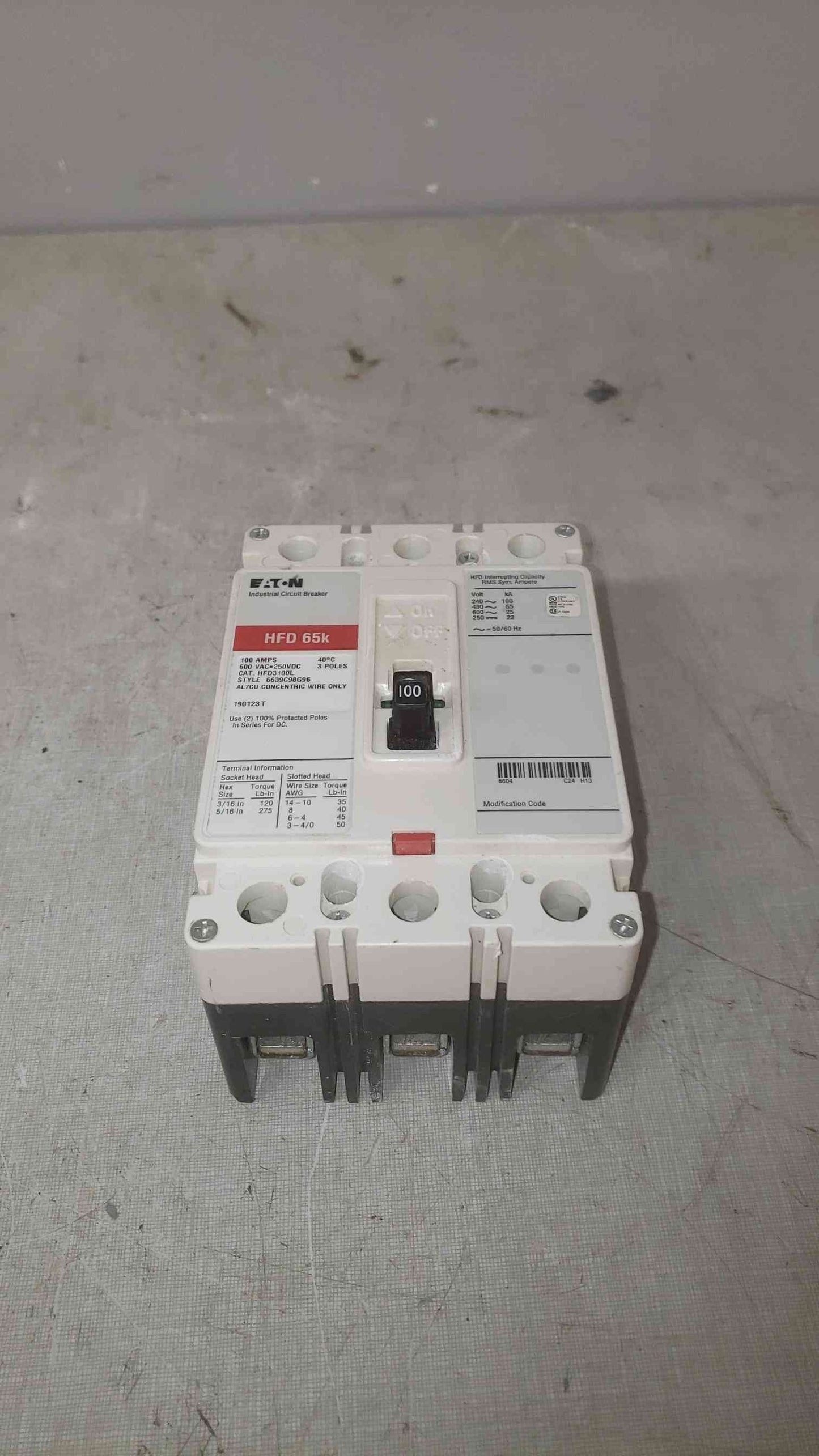 Cutler-Hammer 100A 600VAC-250VDC 3 Pole Breaker HFD3100L (SKU: 109607)