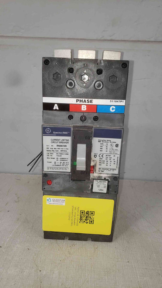 GE Spectra RMS 250A 600 VAC 3 Pole Breaker SFHA36AT0250 125A Trip