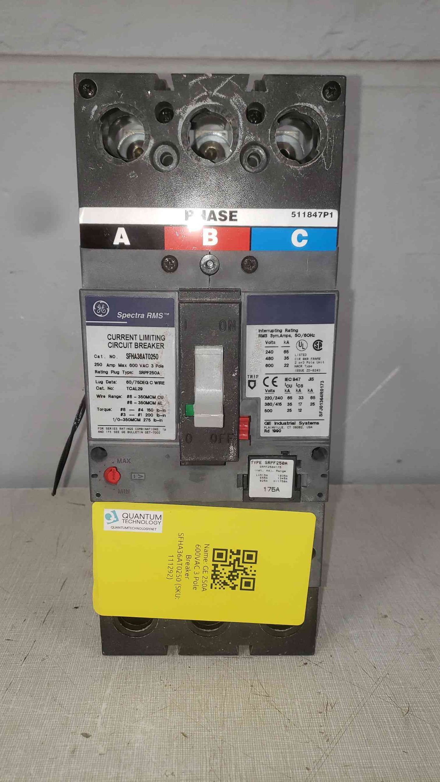GE 250A 600VAC 3 Pole Breaker SFHA36AT0250 175A Trip