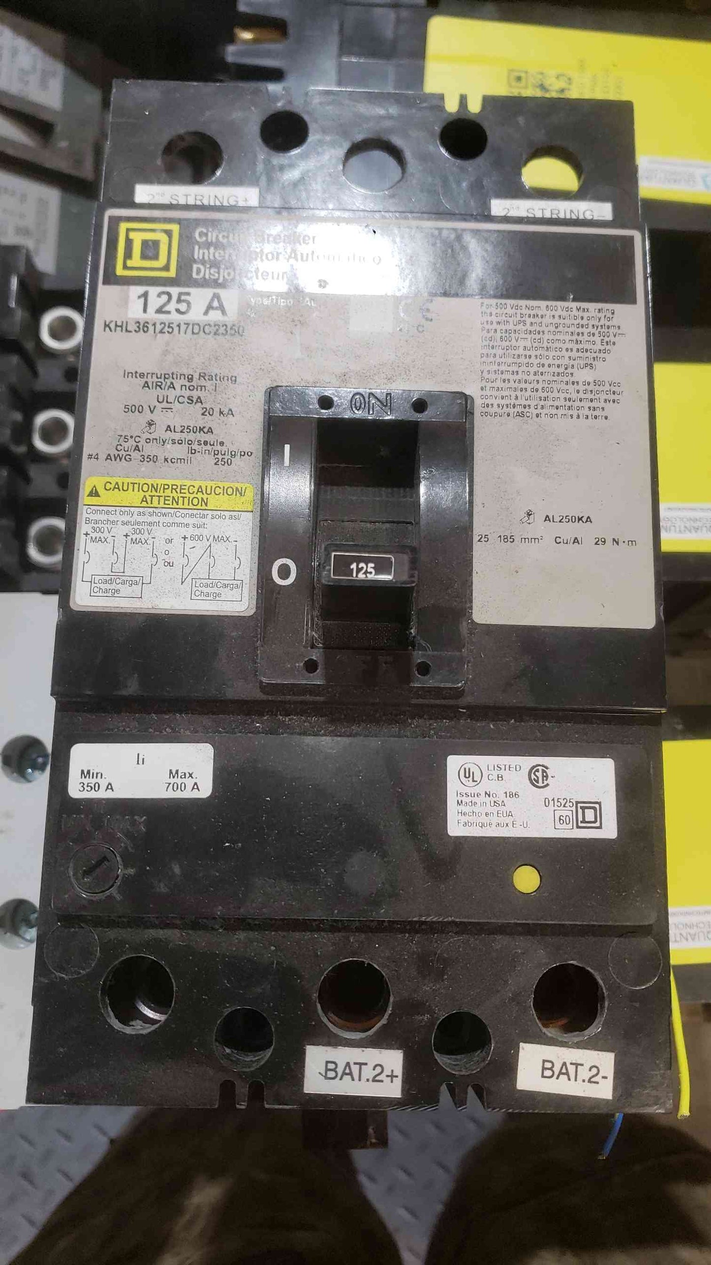 Square D 125A 500VAC 3 Pole Breaker KHL3612517DC2350 (SKU: 112288)