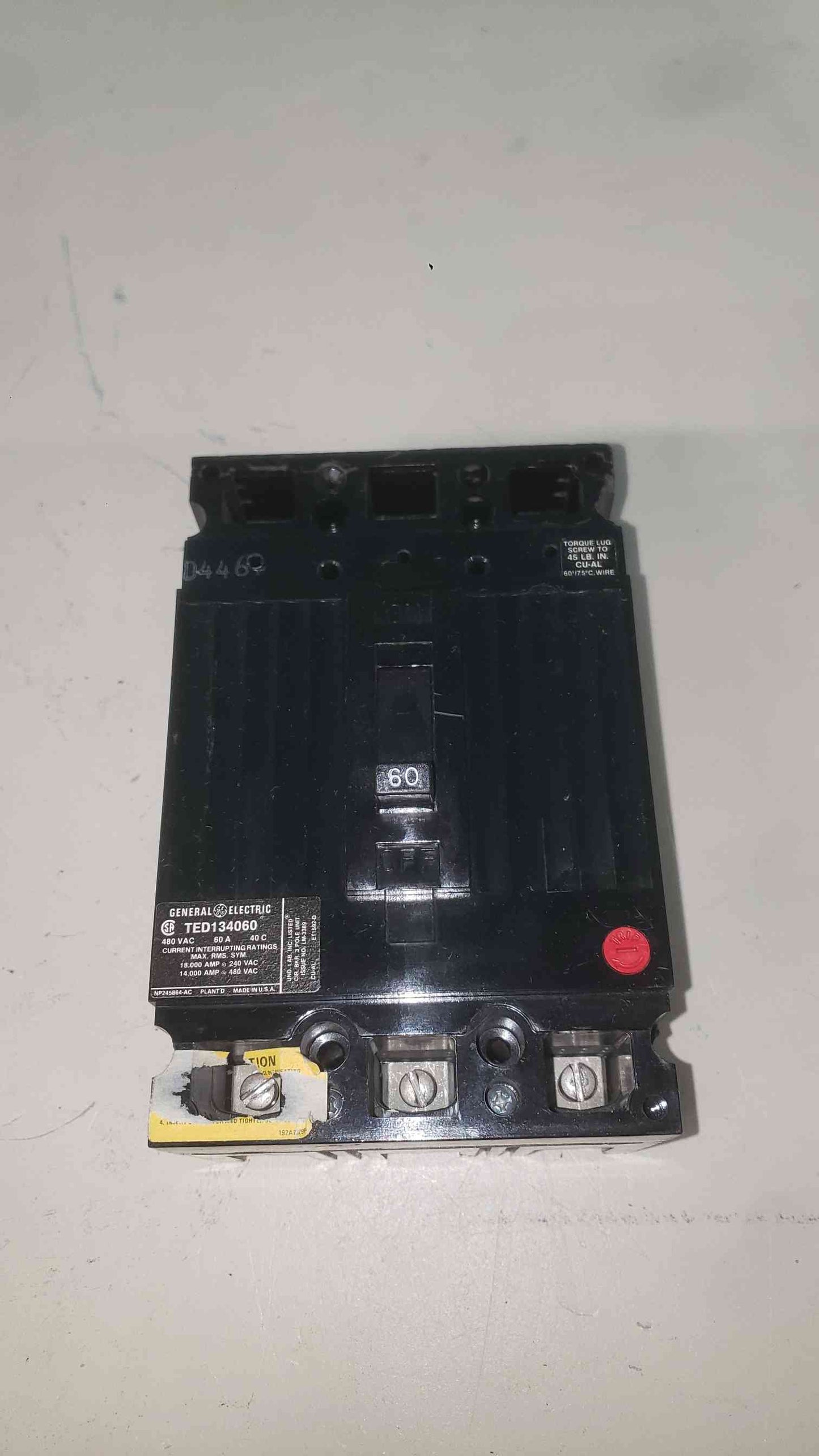 GE TED134060 Circuit Breaker 3-Pole 60A 480VAC Molded Case Industrial E-Frame Bolt-On (SKU: 113252)