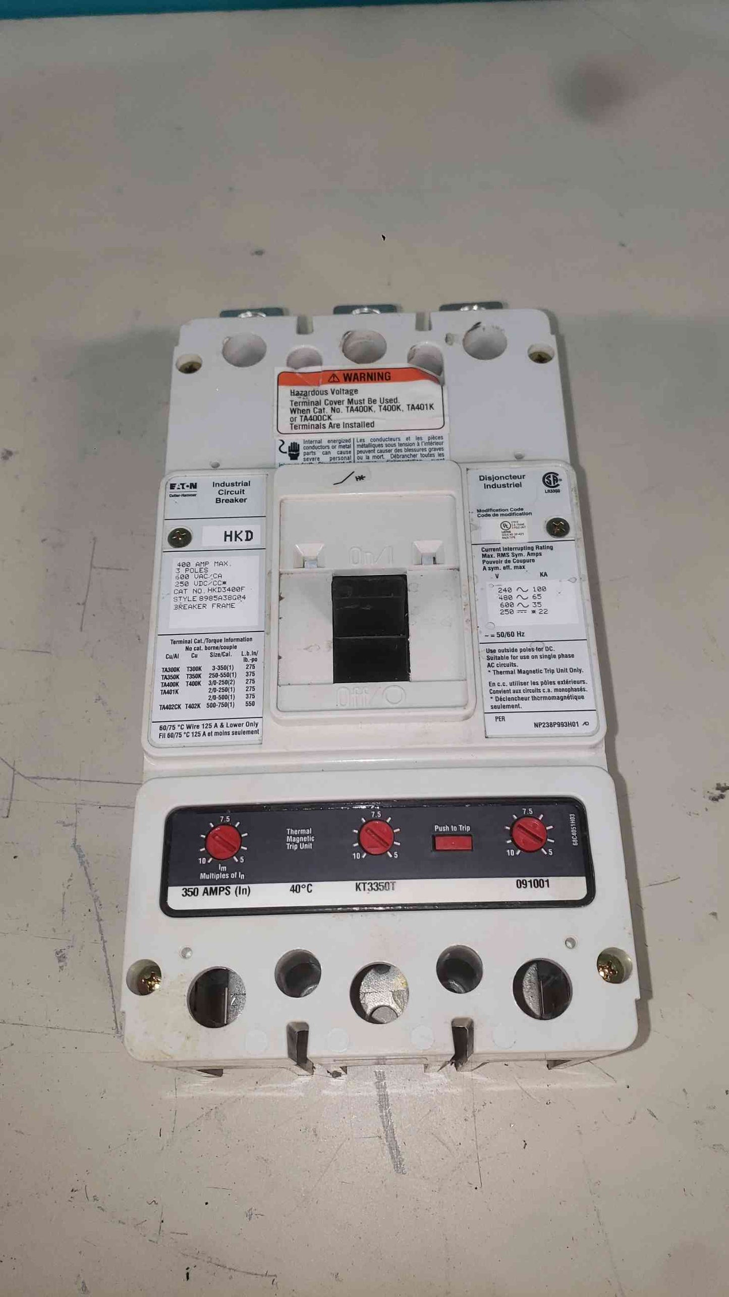 Eaton Cutler Hammer HKD3400F 3 Pole 400A Frame KT3350T 350A Trip Breaker HKD 65k (SKU: 113389)