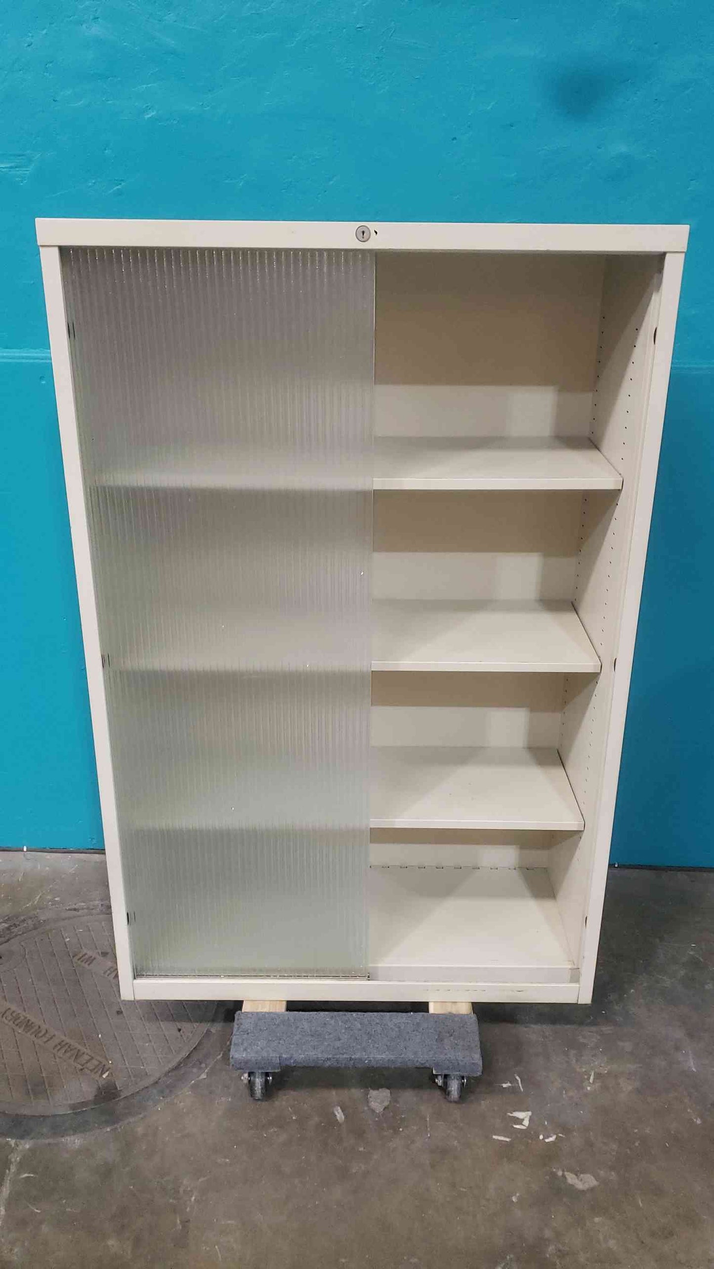 Tan 36"x15"x55" Tall Sliding Glass Storage Cabinet (SKU: 113403)