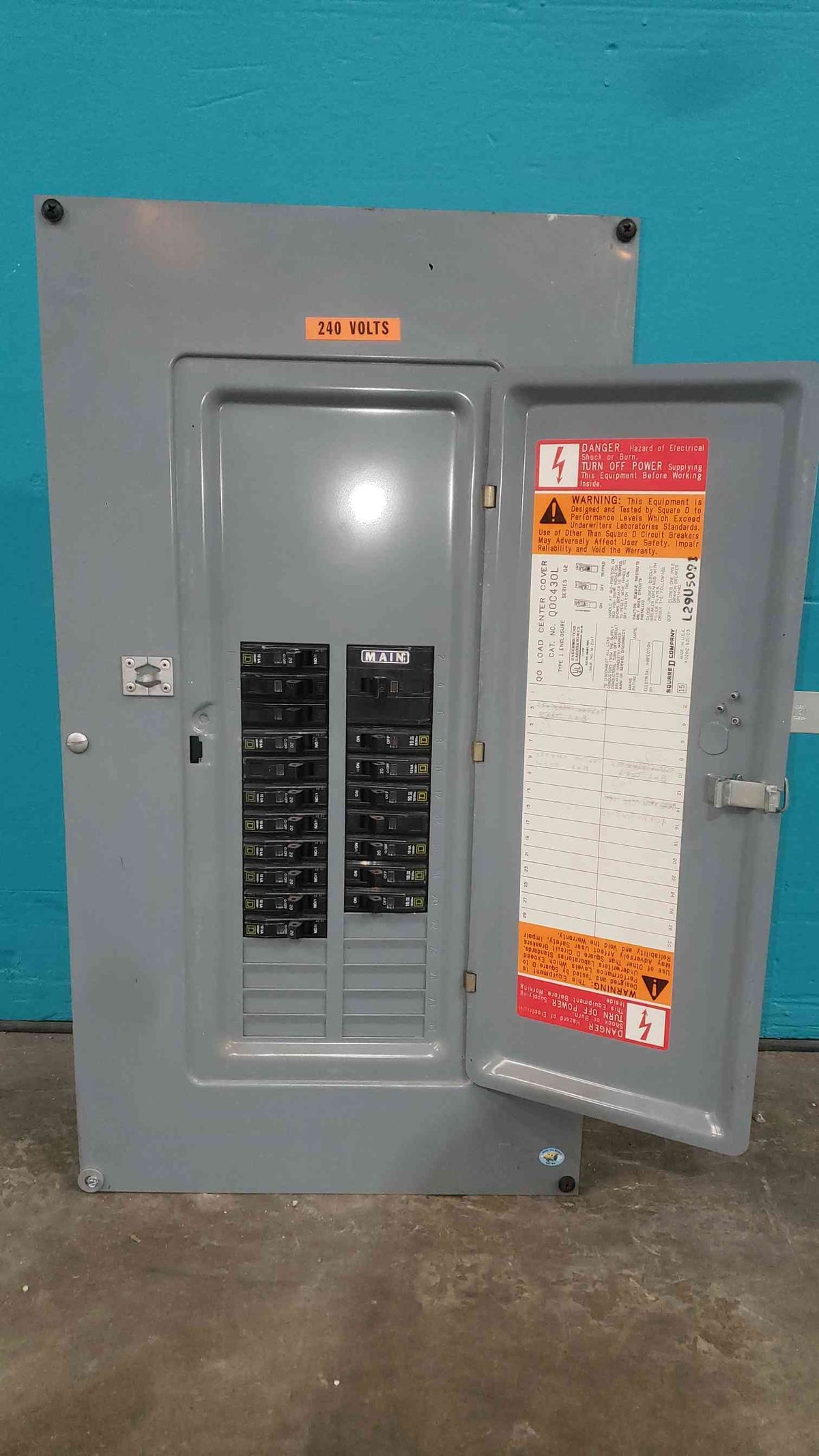 Square D QOC430L 100A 240V QO 30 Space Load Center Panel Interior Cover With 20A Breakers