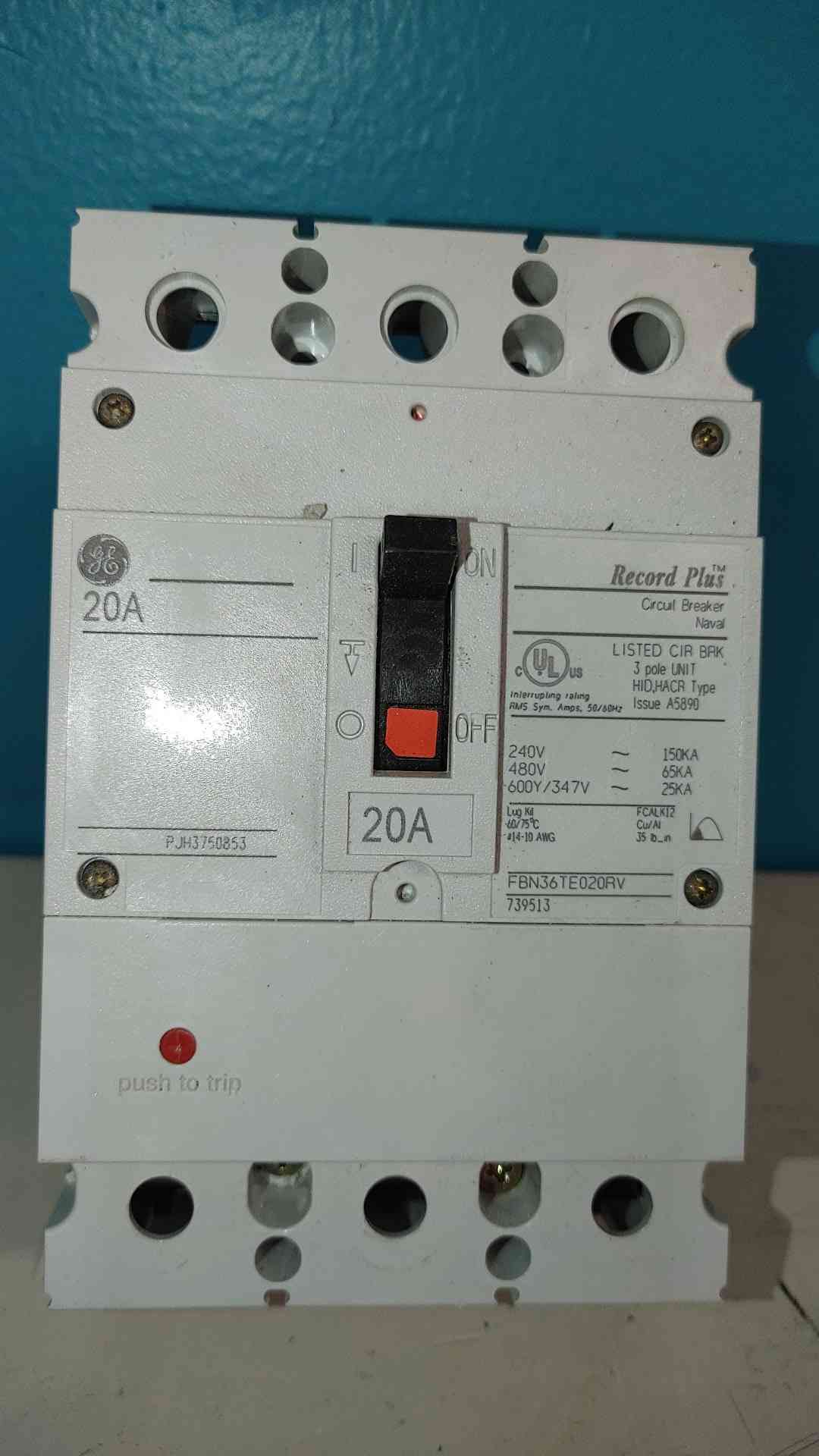 GE FBN36TE020RV Record Plus 20A 3 Pole 480V 600V 20 Amp HID HACR Circuit Breaker