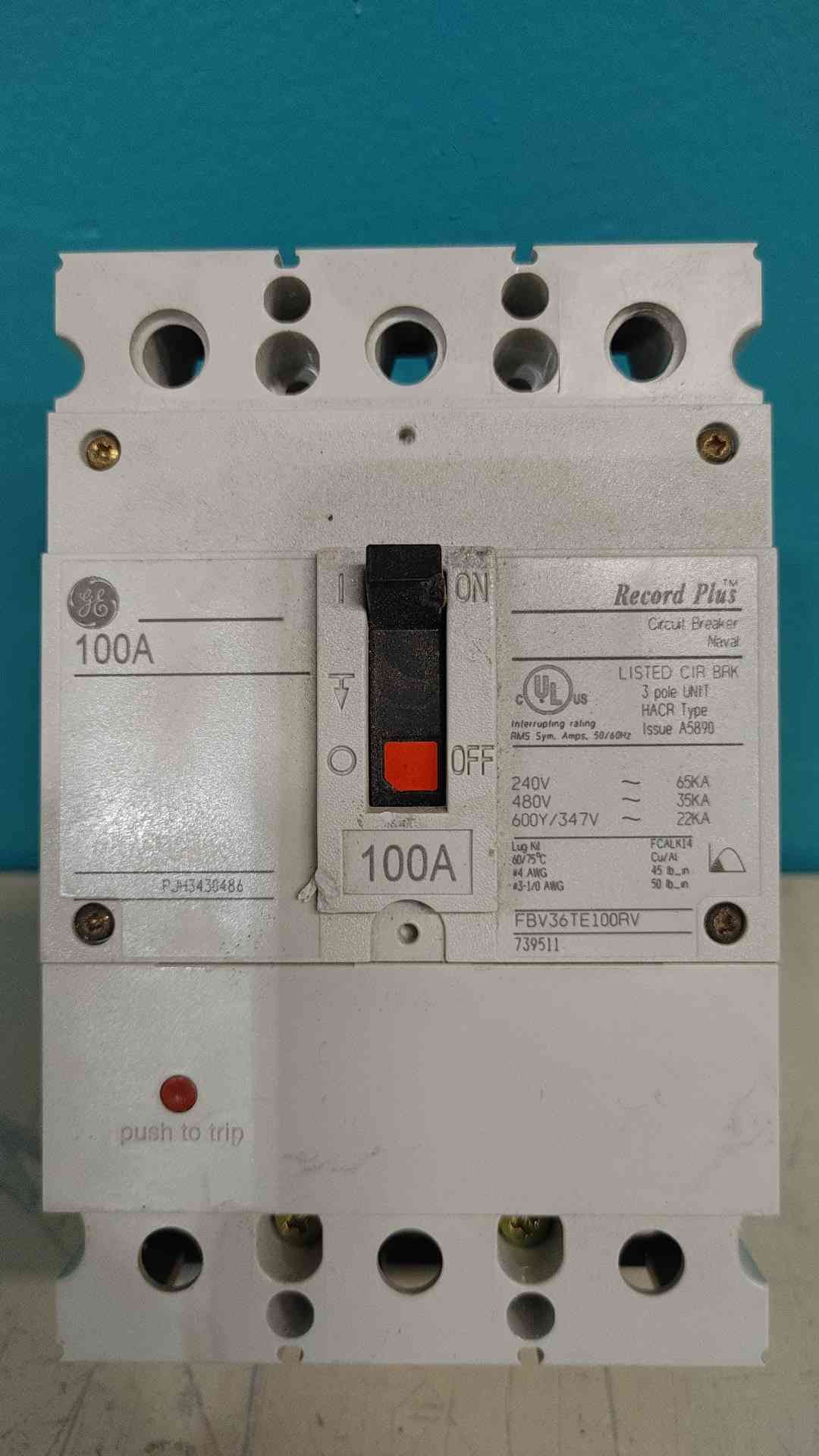 GE FBV36TE100RV Record Plus 100A 3 Pole 480V 600V Circuit Breaker 100 Amp MCCB