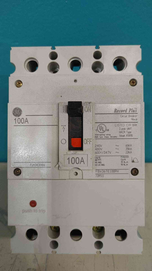 GE FBV36TE100RV Record Plus 100A 3 Pole 480V 600V Circuit Breaker 100 Amp MCCB