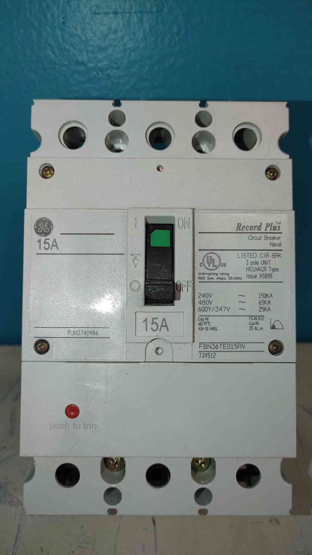 GE FBN36TE015RV Record Plus 15A 3 Pole 480V 600V 15 Amp HID HACR Circuit Breaker