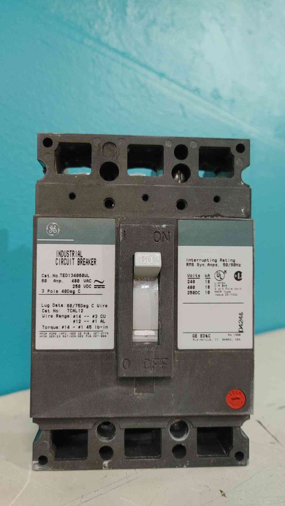 GE TED134060WL 60A 3 Pole 480V Industrial Molded Case Circuit Breaker TED134060