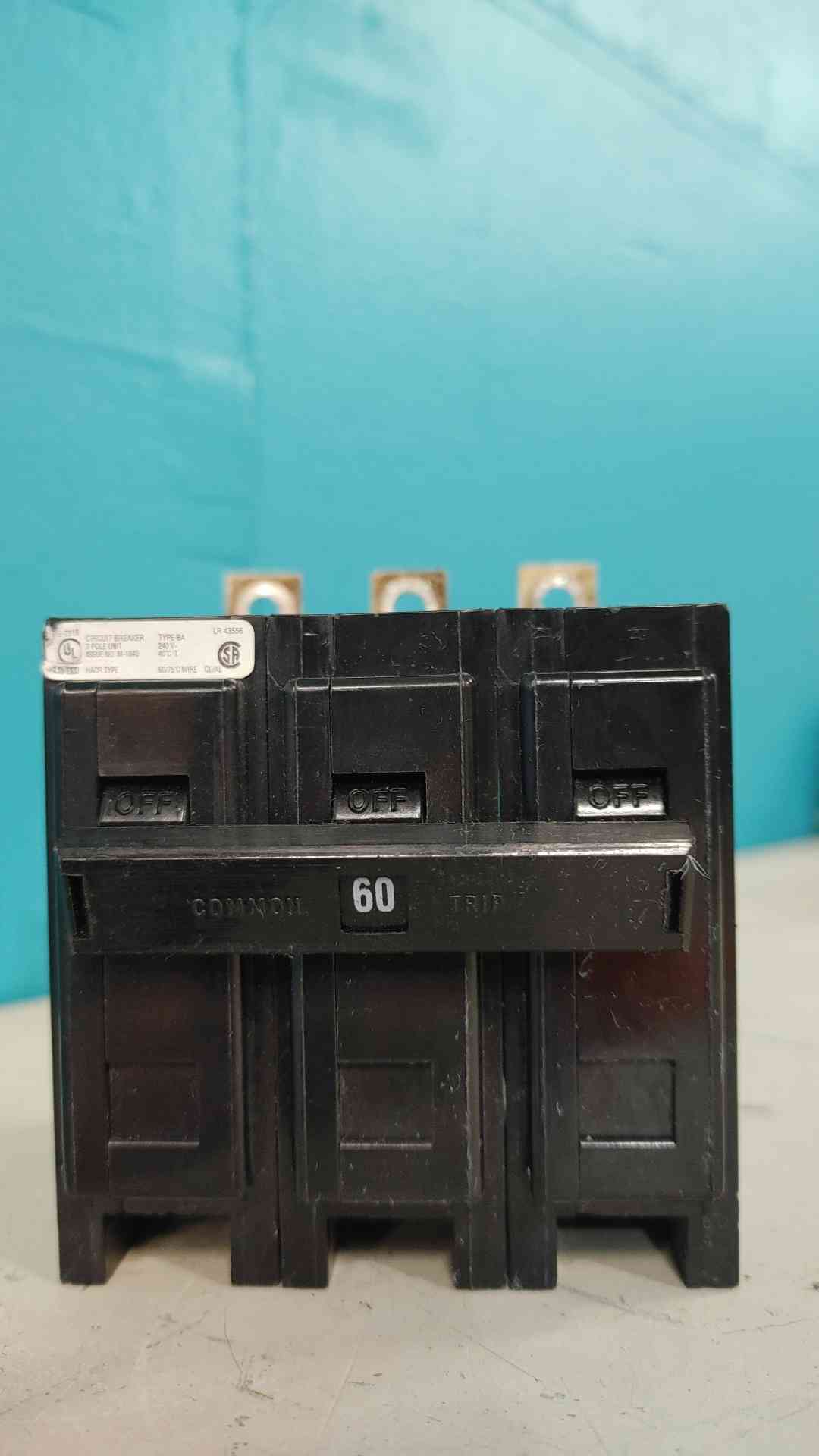 Eaton BAB3060H 60 Amp 3 Pole Bolt On Circuit Breaker Type BA Quicklag 60A 240V