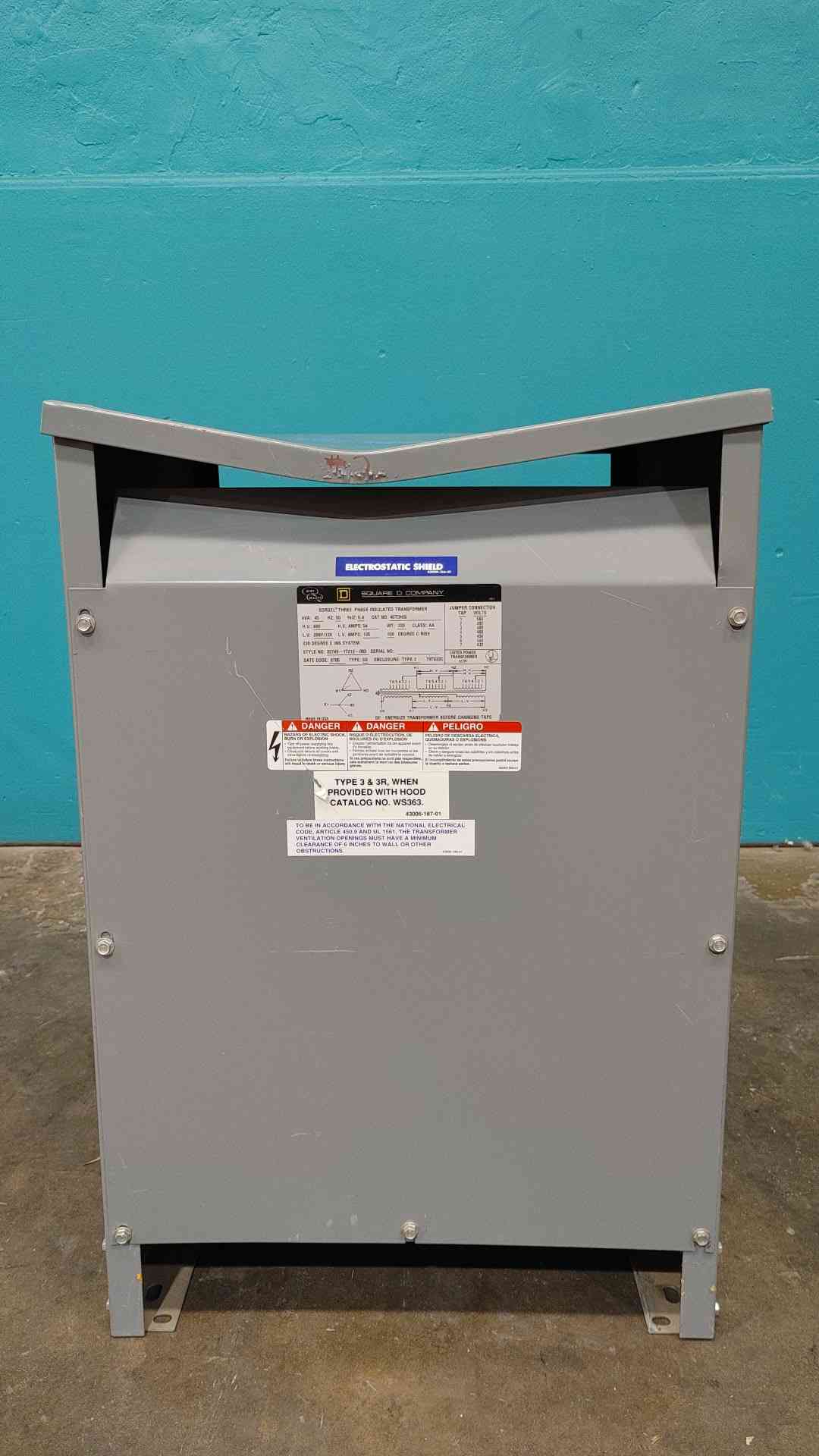 Square D Sorgel 45T3HIS 45 kVA Transformer 480V-208Y/120V 3 Ph Electrostatic Shield