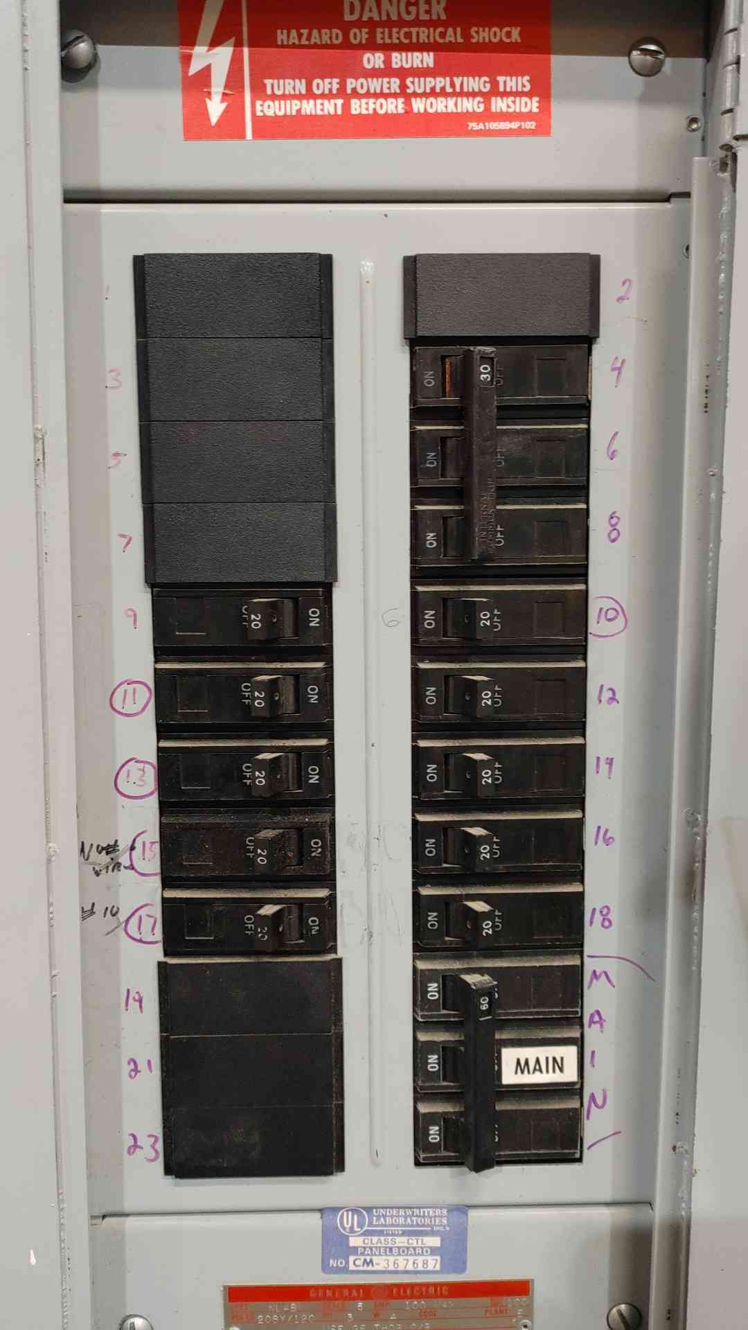 GE NLAB 100A Panelboard 208Y/120V 3 Phase Loaded w/ GE THQB Breakers 30A 60A 20A