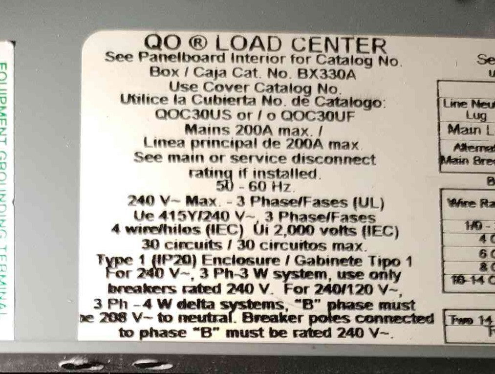 Square D QO 200A 3-Phase Load Center Panel BX330A QOC30US Populated Breakers