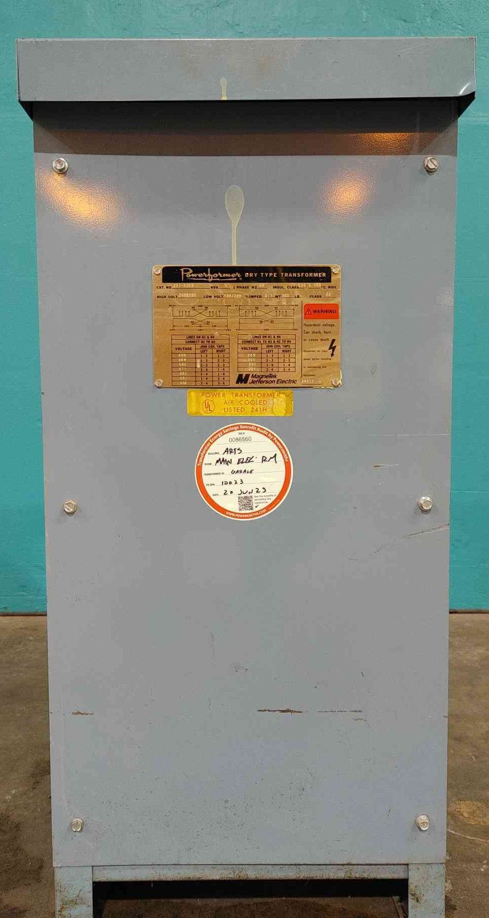 Jefferson Electric 50 KVA Dry Type Transformer 1PH 240X480V 120/240V 221-3225