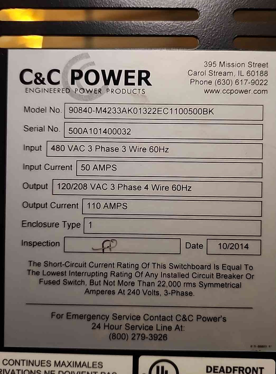 C&C Power UPS Maintenance Bypass Panel 480V to 120/208V 3PH Kirk Key Interlock