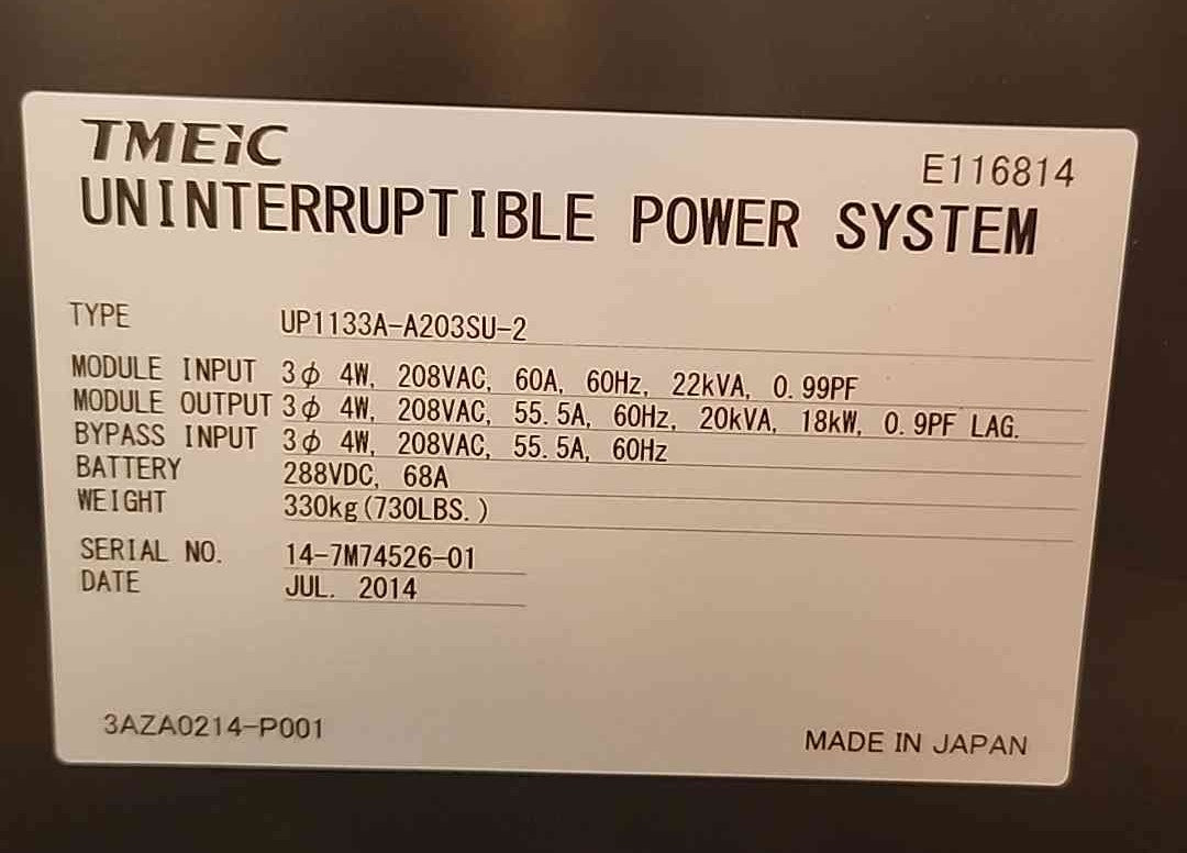Mitsubishi TMEIC UP1133A-A203SU-2 20kVA 18kW 208V 3PH UPS DiamondPlus 1100