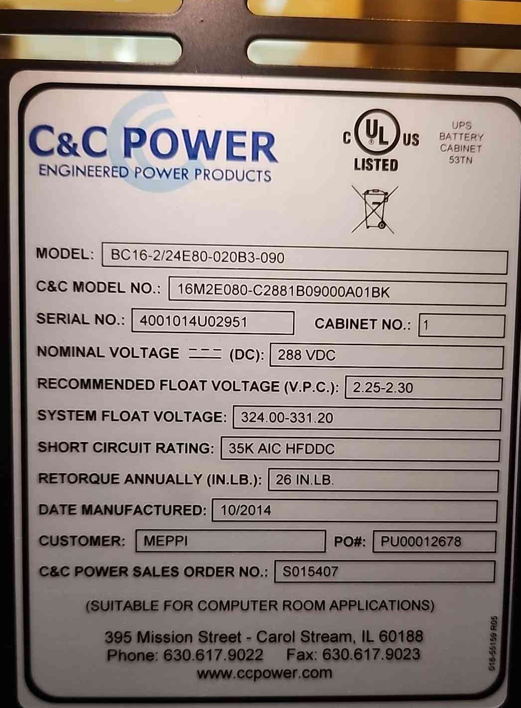 C&C Power UPS Battery Cabinet 288VDC BC16-2/24E80-020B3-090 BC16 Battery Rack
