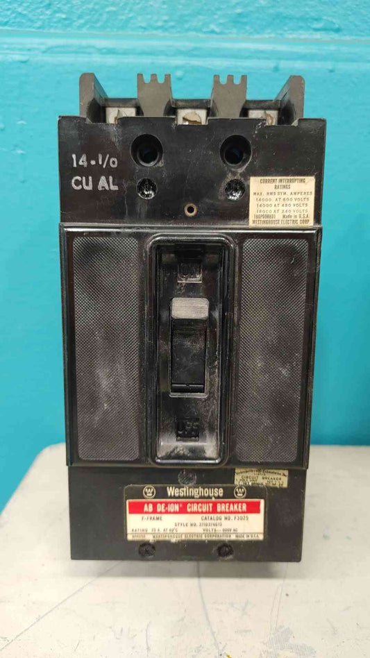 Westinghouse F3025 25A 3 Pole Circuit Breaker 600V F Frame 371D374G15 AB De-Ion