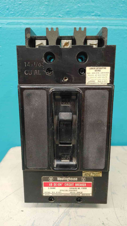Westinghouse F3030 30A 3 Pole Circuit Breaker 600V F Frame 371D374G22 AB De-Ion