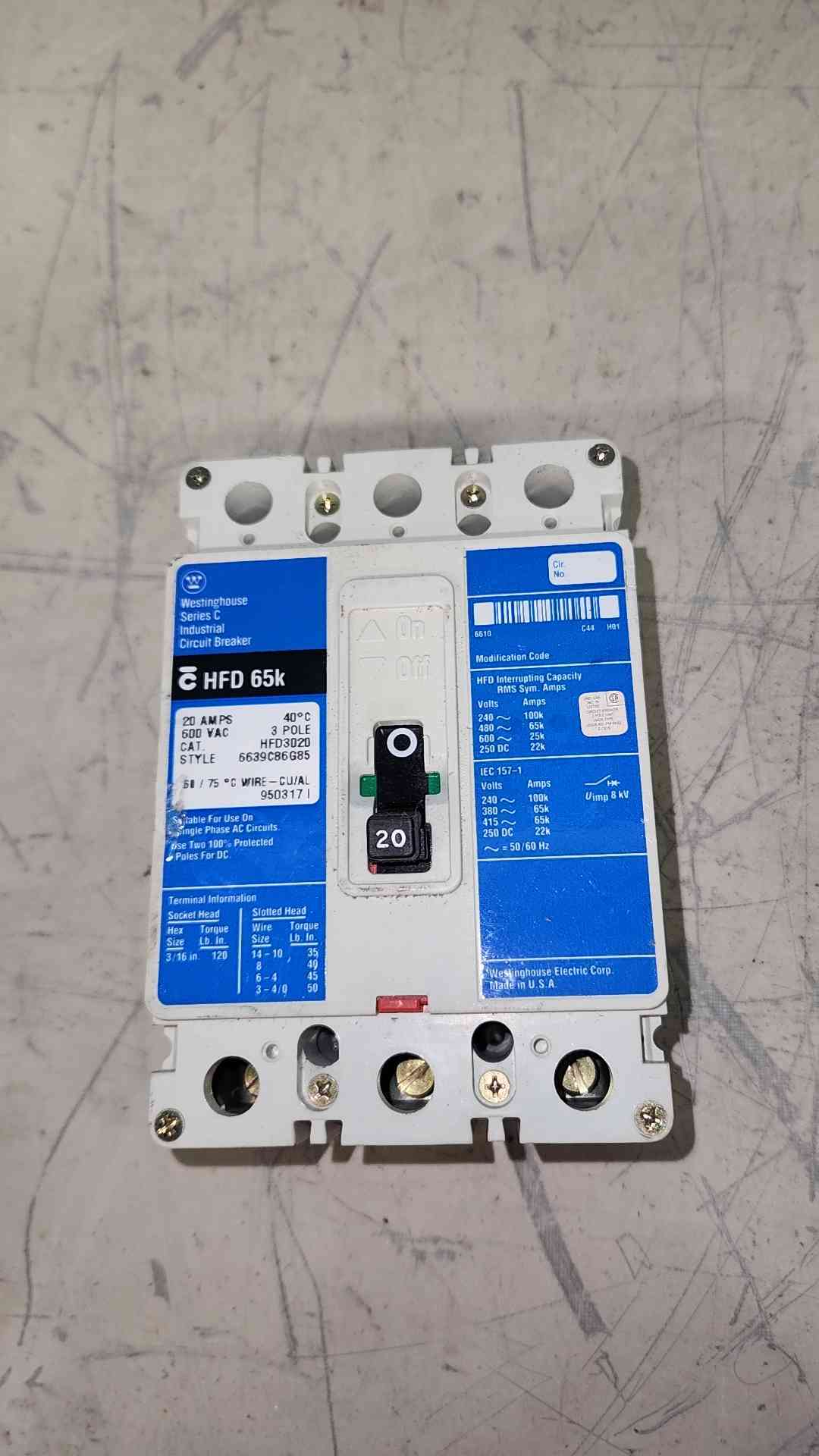 Westinghouse HFD3020 20A 3 Pole Circuit Breaker 600V HFD 65k Series C 6639C86