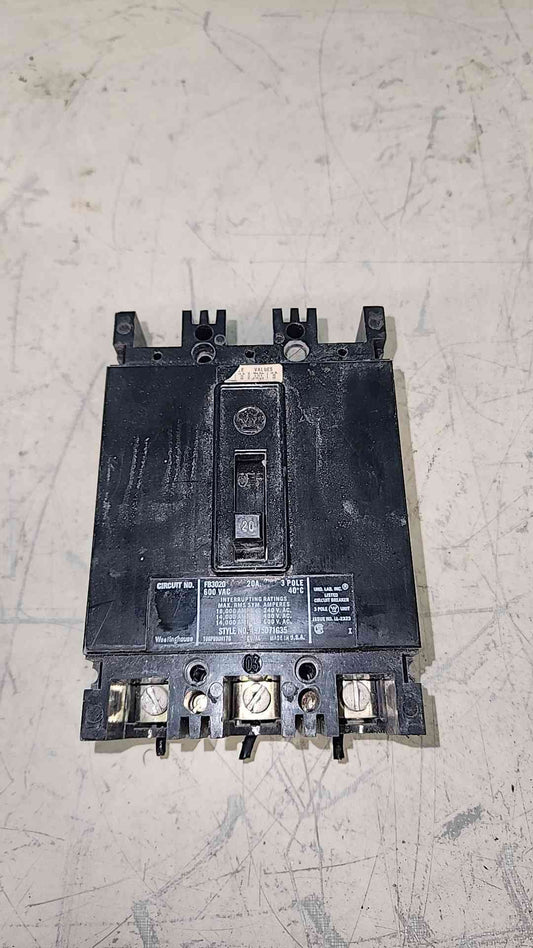 Westinghouse FB3020 20A 3 Pole Circuit Breaker 600V FB Frame 4975D71G35