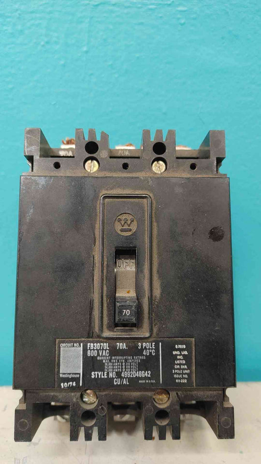 Westinghouse FB3070L 70A 3 Pole Circuit Breaker 600V FB Frame 4992D46G42