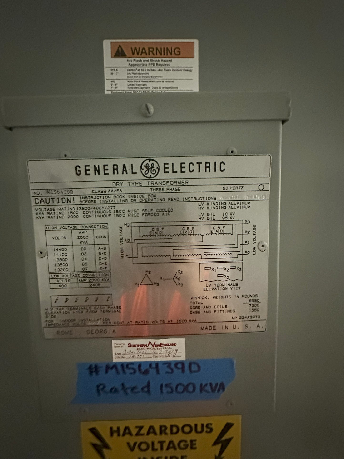 2000KVA GE Transformers 13800v x 480/277 Substation Dry Type Xfrmr #M156439D 1500KVA (SKU: 105968)