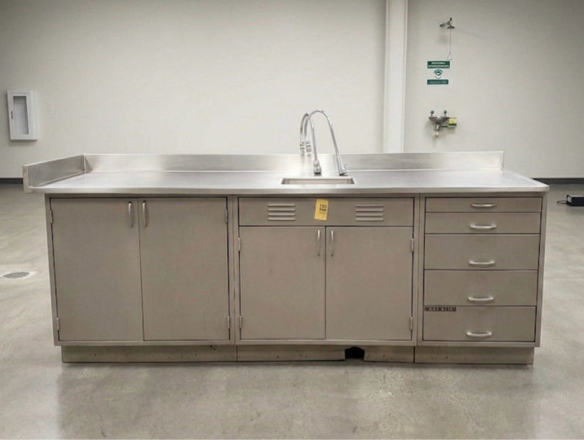 Kewaunee 8' Stainless Steel Lab Casework Sink Bench 2 Faucets Doors & Drawers (3999AA)