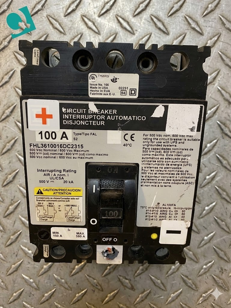 100A Square D FHL3610016DC2315 3 Pole DC Circuit Breaker(S6LLST1392)