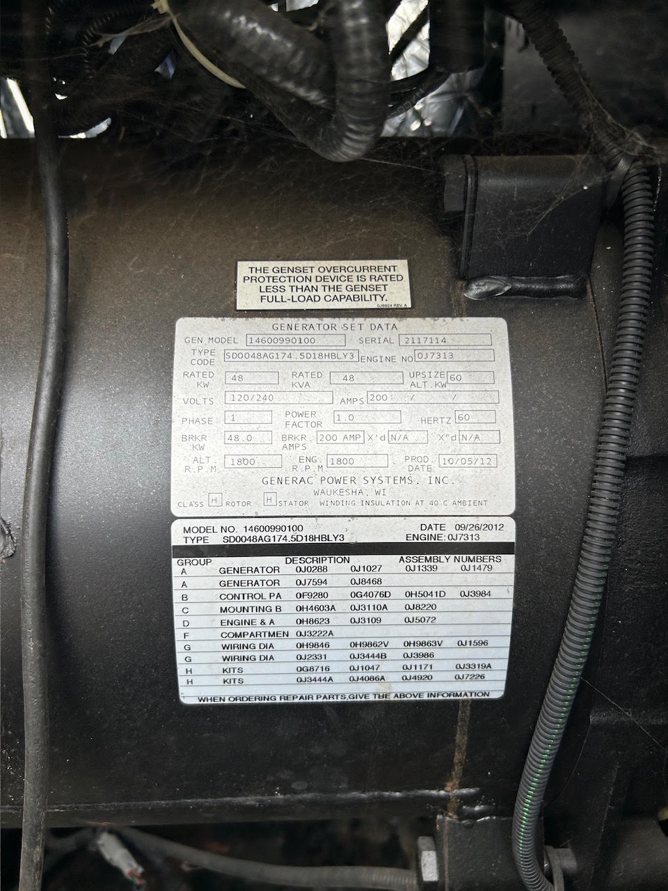 48KW 50KW SD48 Generac 120/240 200A 1PH Diesel Generator '12 253.5 Hrs. (SKU: 110279)