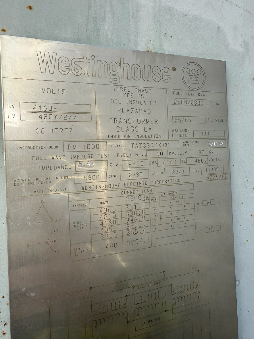 2500kVA Westinghouse PlazaPad Pad Mounted Transformers 4160-480Y/277. SNs: TAT2262-1010, TAT8111-0101, TAT8390-0101