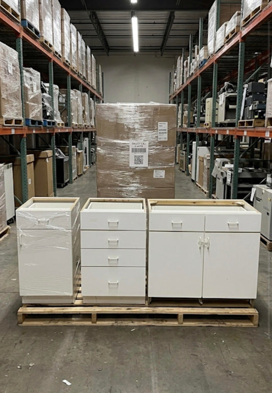 11-Pcs White Wood Lab Casework Suite - 3x 48" Bases 7x 24" Drawer Stacks & 1x 18" Slim