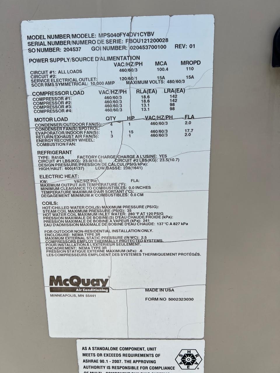 125 Ton York Chiller HVAC 460V 3ph