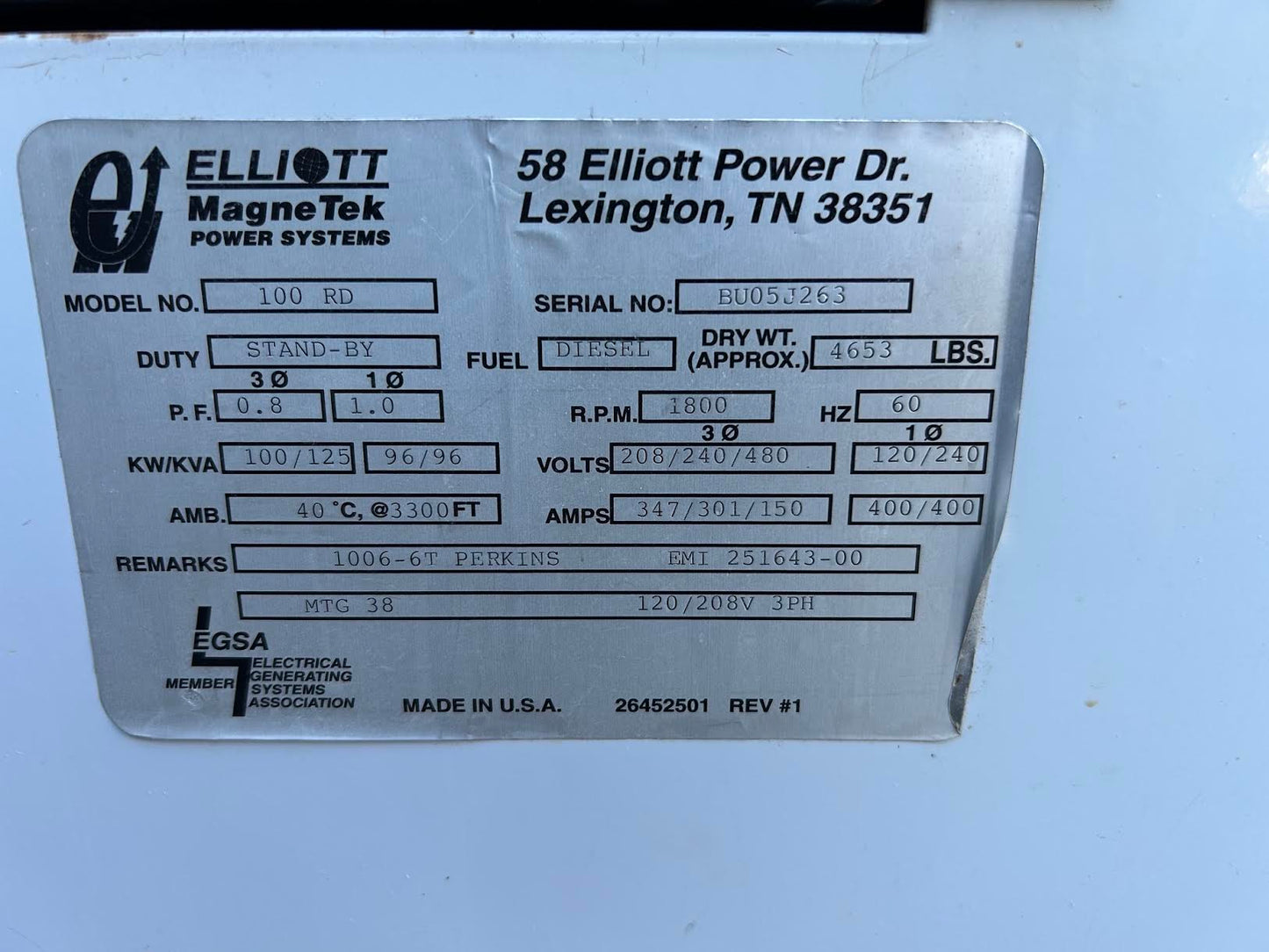 Elliott MagneTek 100 kW Diesel Generator Perkins 1006-6T 208V 480V 240V 560Hr