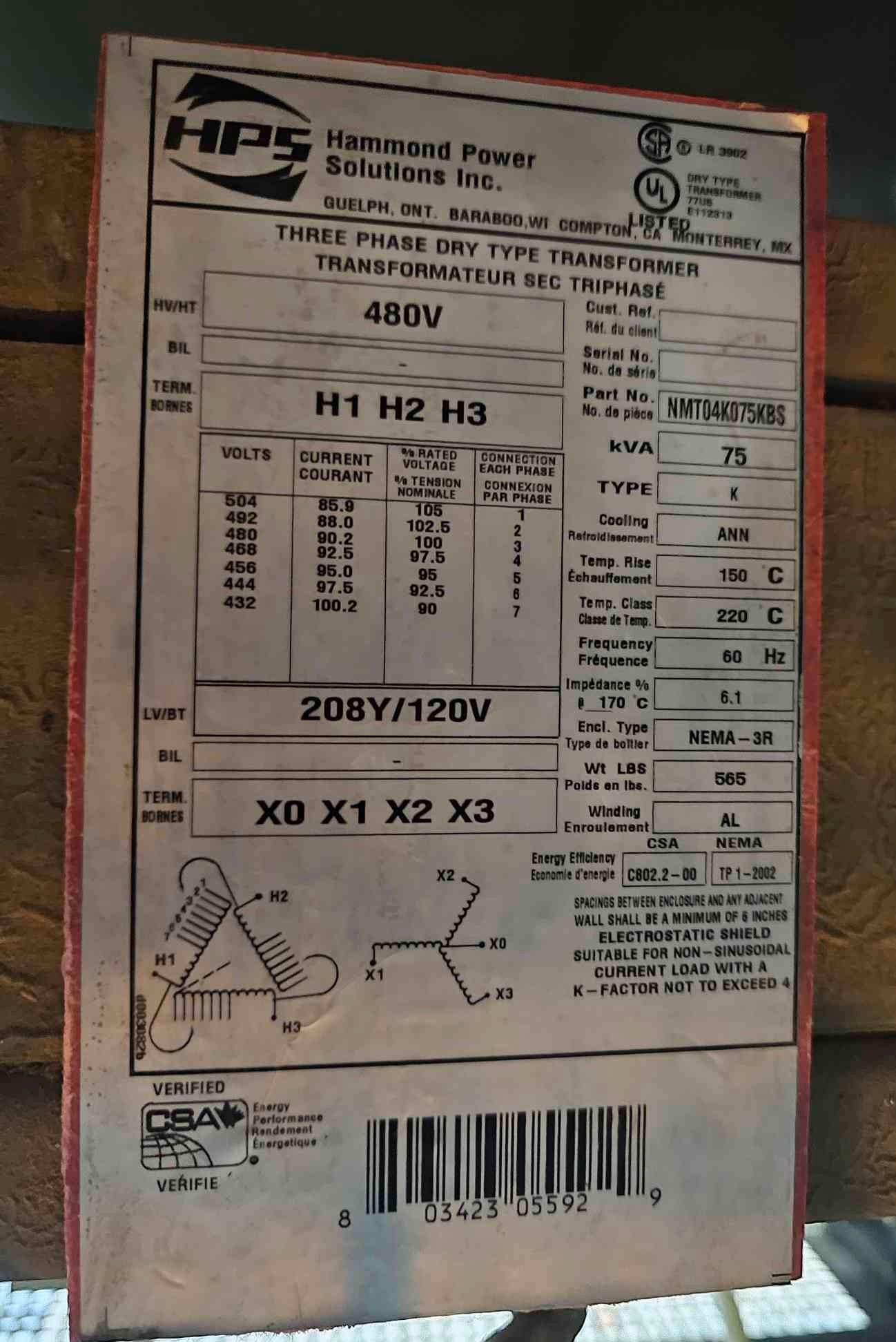 75KVA 480v x 208/120v Hammond Transformer w/ Integrated Siemens Panelboards 120/208v & 480v (112756)