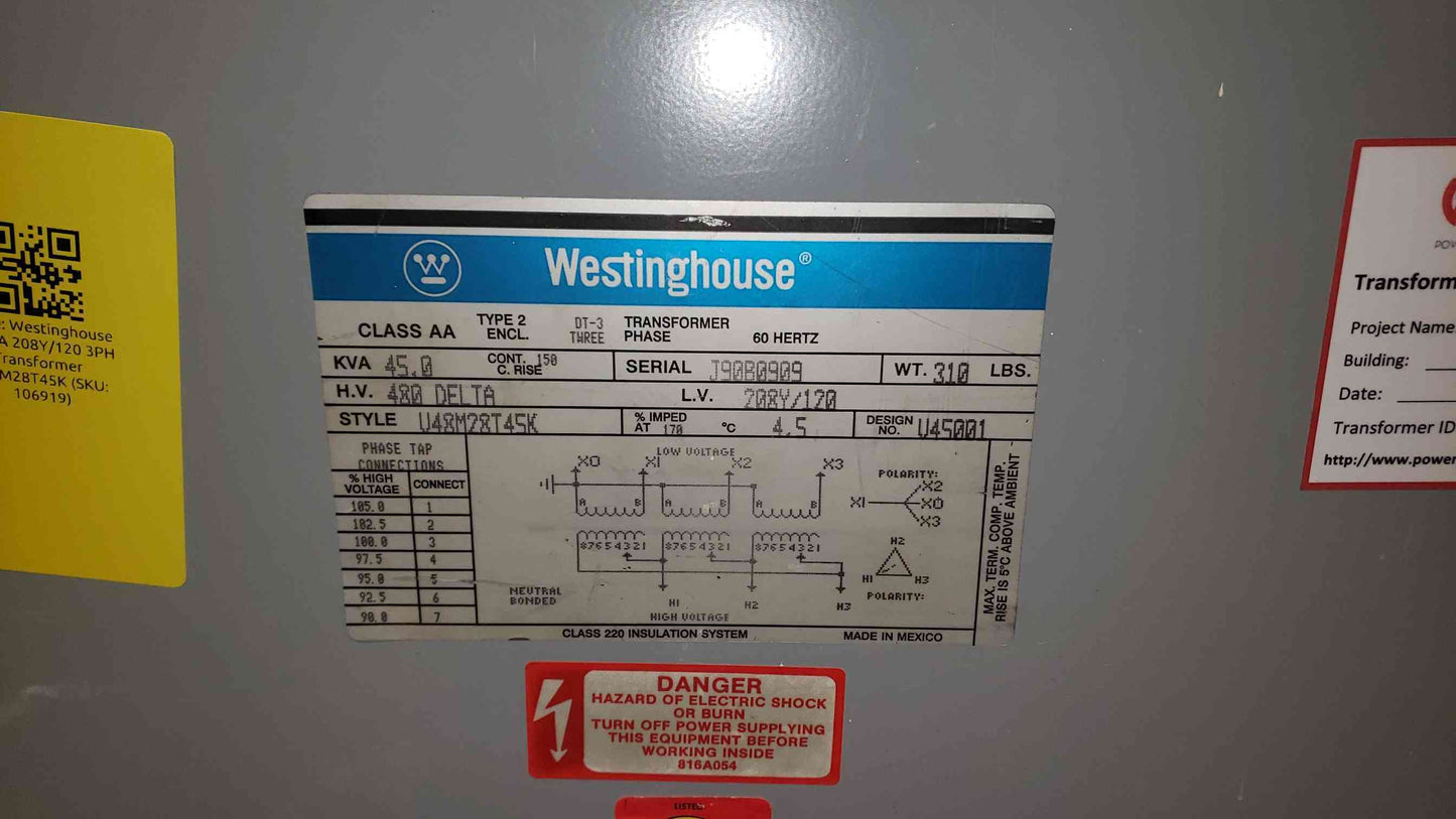 Westinghouse 45KVA 480v x 208Y/120 3PH Transformer U48M28T45K (SKU: 106919)