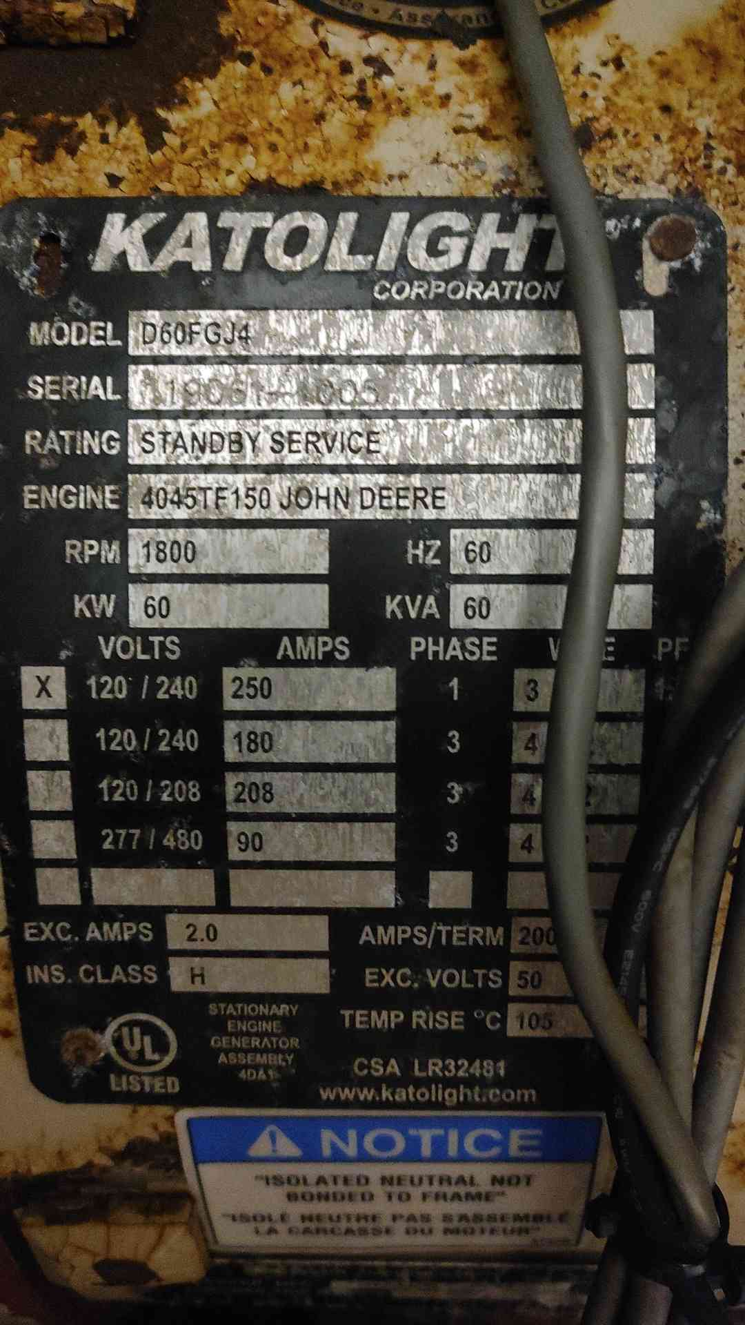 60KW Katolight 1&3PH John Deere 4045 Diesel 807Hrs D60FGJ4 TESTED (109014)