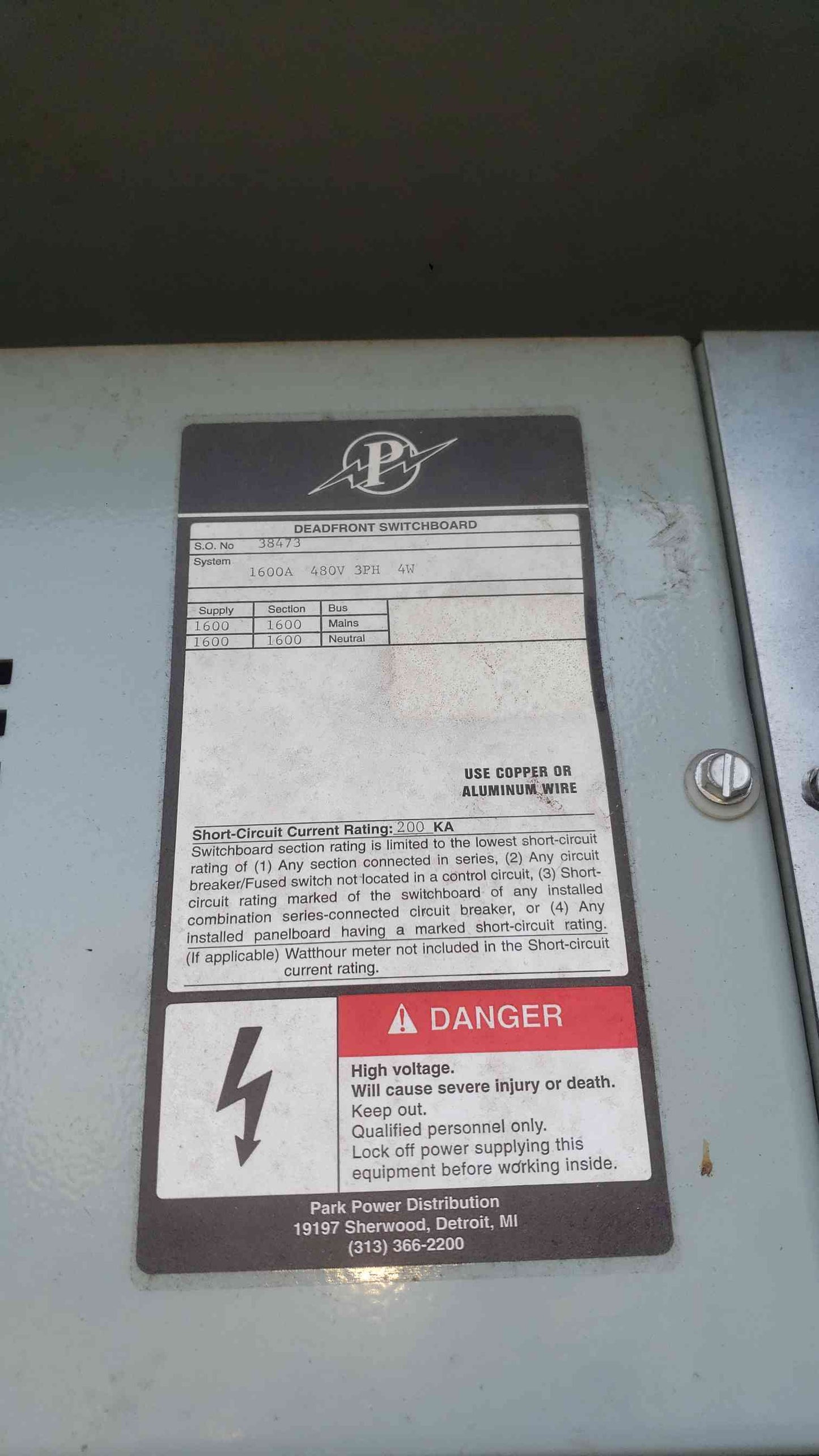 Park Power 1600A 480V 3PH Outdoor NEMA Switchboard Boltswitch VLB349 V7H3606