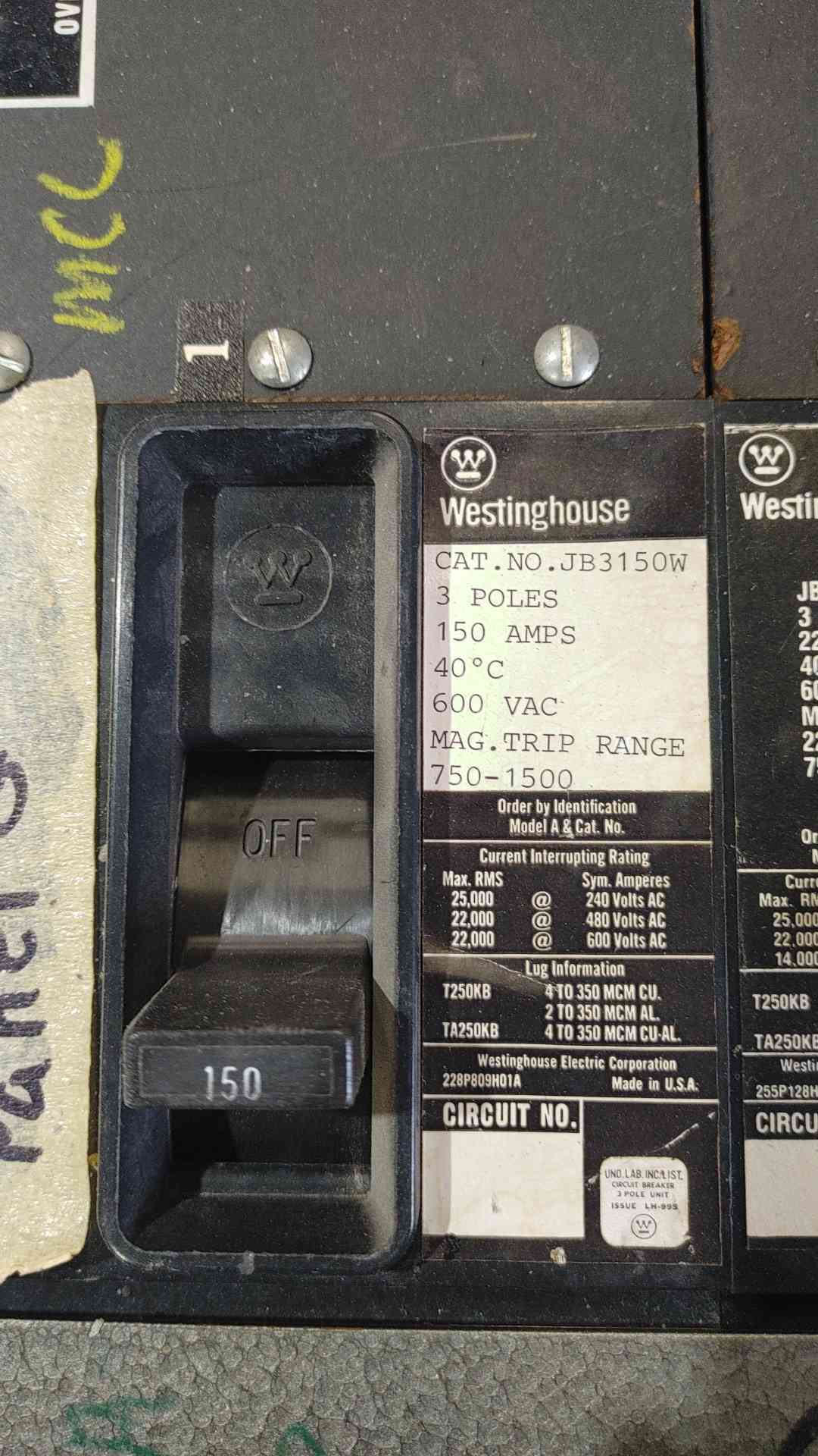 Erickson 480V 600A 3 Phase Panelboard Westinghouse Cutler-Hammer Breakers Panel