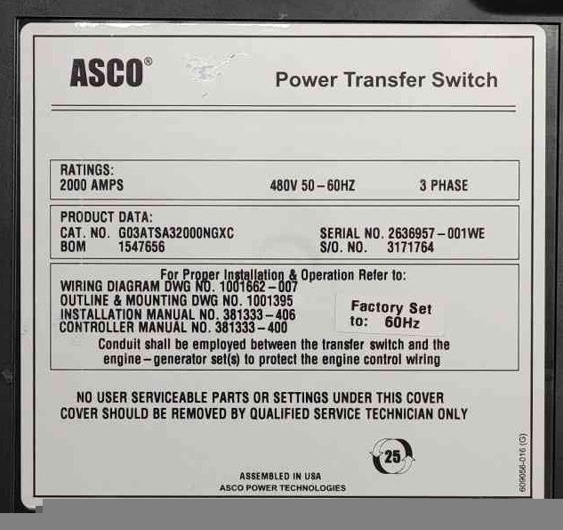 ASCO Series 300 2000A 480V 3PH Open Transition '24 ATS Switch G03ATSA32000NGXC
