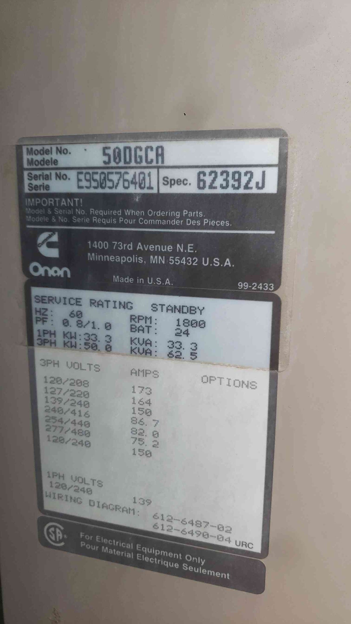 Cummins Onan 50kW Diesel Generator 50DGCA 4BT 3.9L Enclosed 150 Gal Tank 983 Hrs