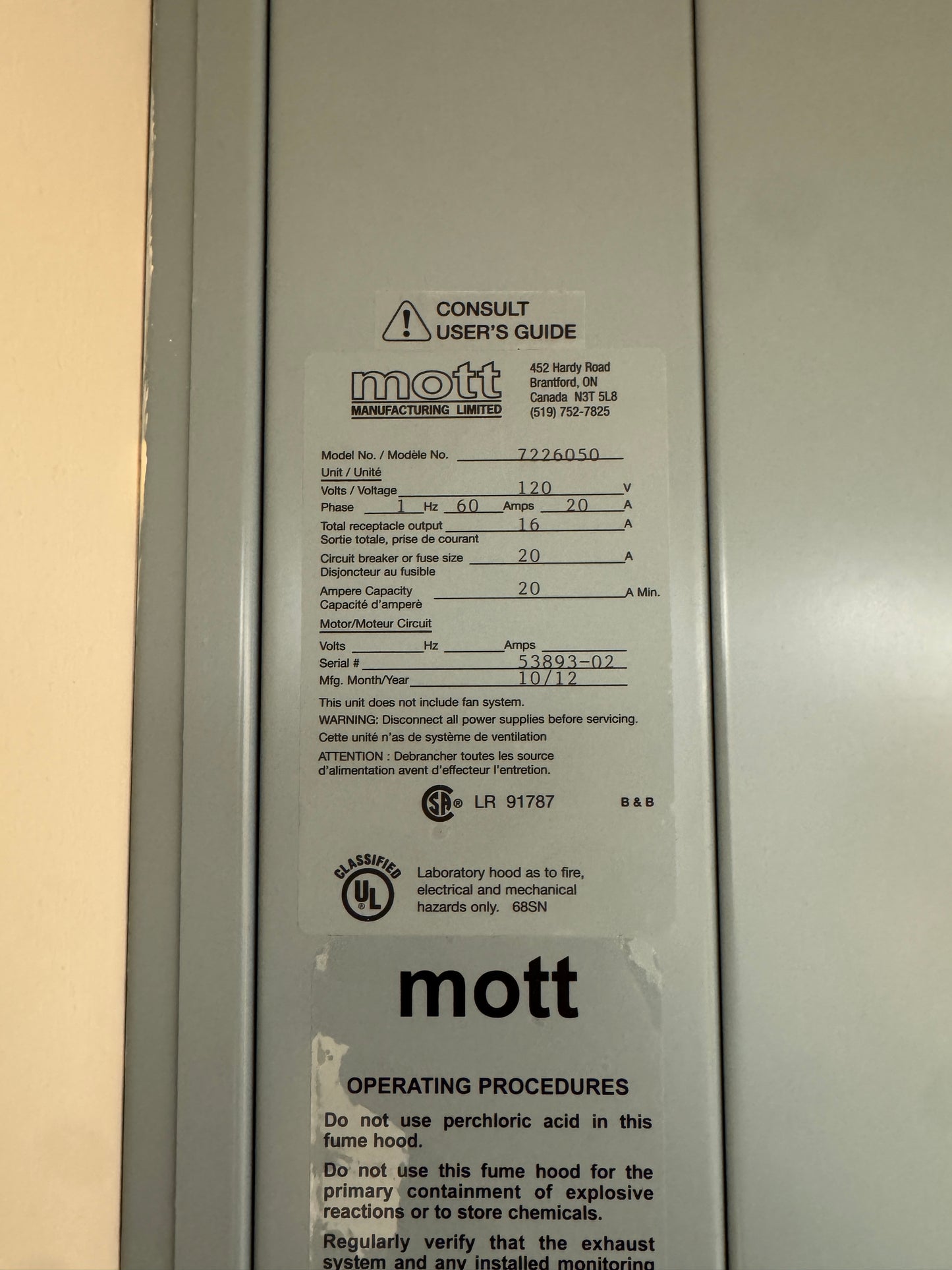 Mott 4' 120V 1PH Fume Hood 7226050 W/Base Laboratory Chemical Use (SKU: 112369)