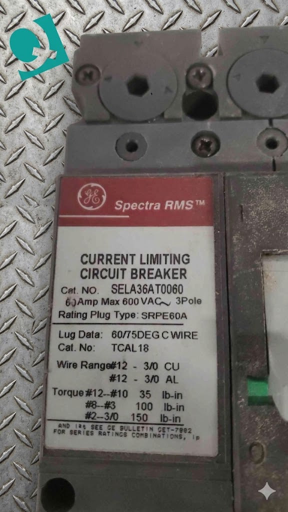 GE 60A 600VAC 3 Pole Breaker SELA36AT0060 No Trip Unit (SKU: 112282)